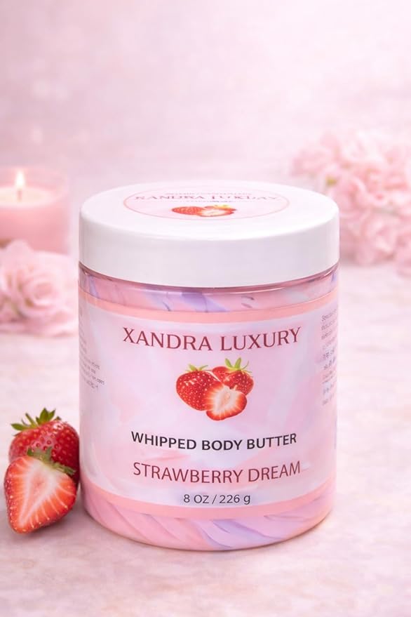 Strawberry Dream Whipped Body Butter Ultra Moisturizing Body Cream with Shea Butter, Mango Butter, Jojoba Oil & Vitamin E – Handmade Skin Care