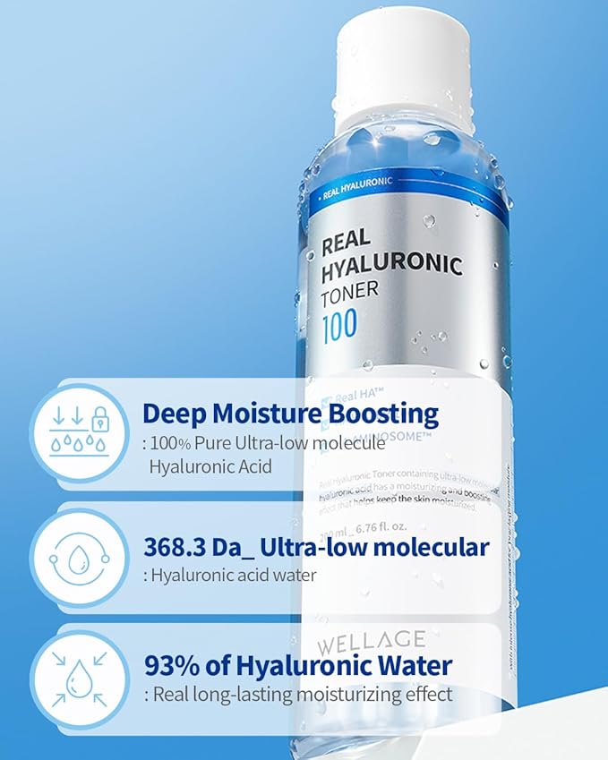 WELLAGE Real Hyaluronic Toner 100 for face, Korean Beauty Toner, 93% Hyaluronic Acid Water, Hydrating for Dry Skin - Deep, Quick Absorption, Hypoallergenic, Skin Irritation-Free, 6.76 fl.oz.