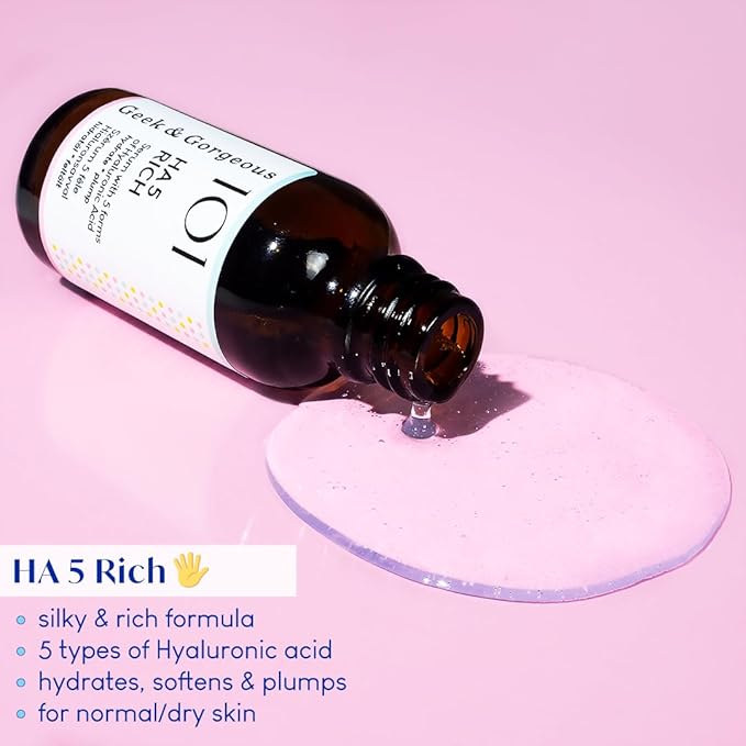 Geek & Gorgeous - HA 5 Rich - Serum with 5 forms of Hyaluronic acid, silky & rich - hydrates, softens & plumps the skin - all skin types especially normal & dry skin, 1 oz