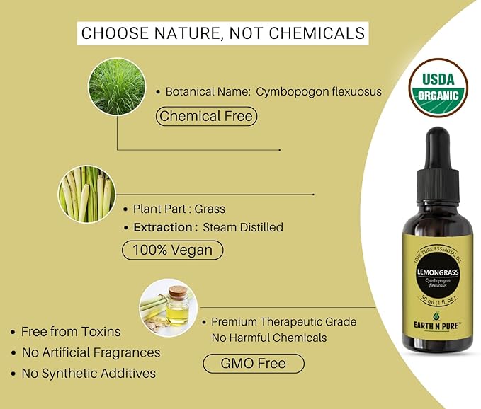 Earth N Pure Lemongrass Essential Oil | Steam Distilled | for Home Diffuser, Skin & Hair Care | with Glass Dropper -100 ML