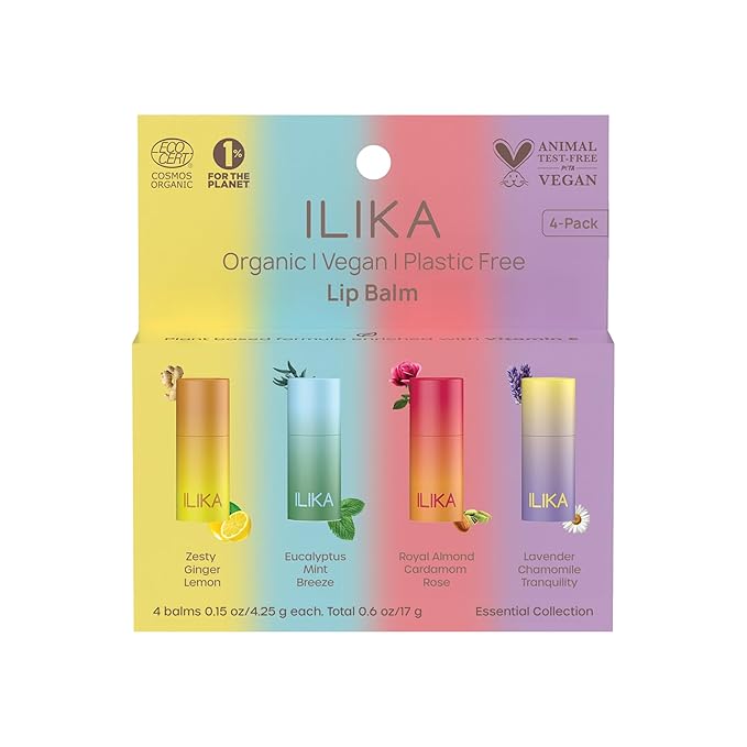 ILIKA 100% Natural Lip Balm - Organic, Plastic-free, Vegan, Vitamin E, COSMOS Certified, 4-Pack Essential Collection - Ginger Lemon, Eucalyptus Mint, Lavender Chamomile, Almond Cardamom Rose, 0.15 oz