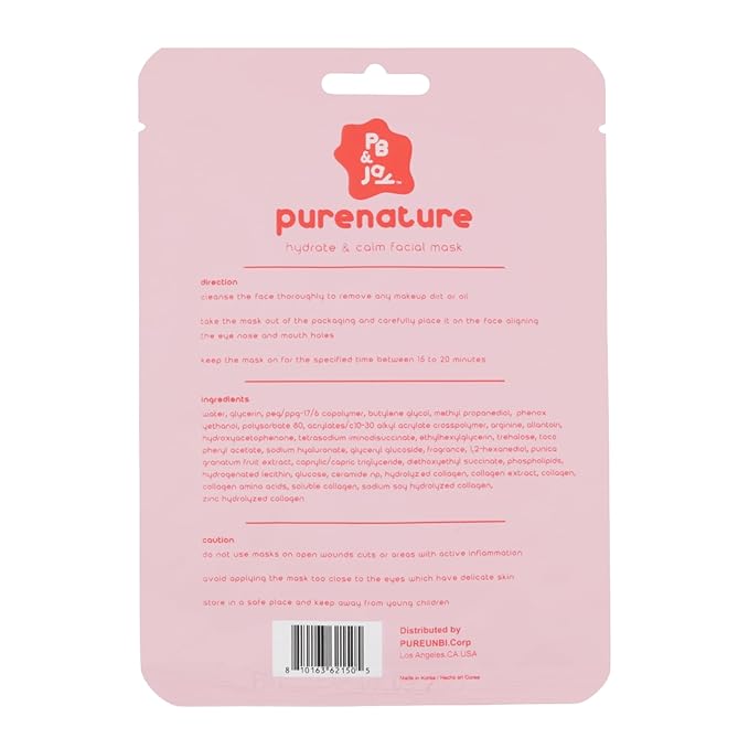 PB & JAY Purenature Facial Mask – Premium Quality Korean Sheet Mask for Dry Skin – Korean Collagen Essence Hydrating Facemask Sheet (Pomegranate)