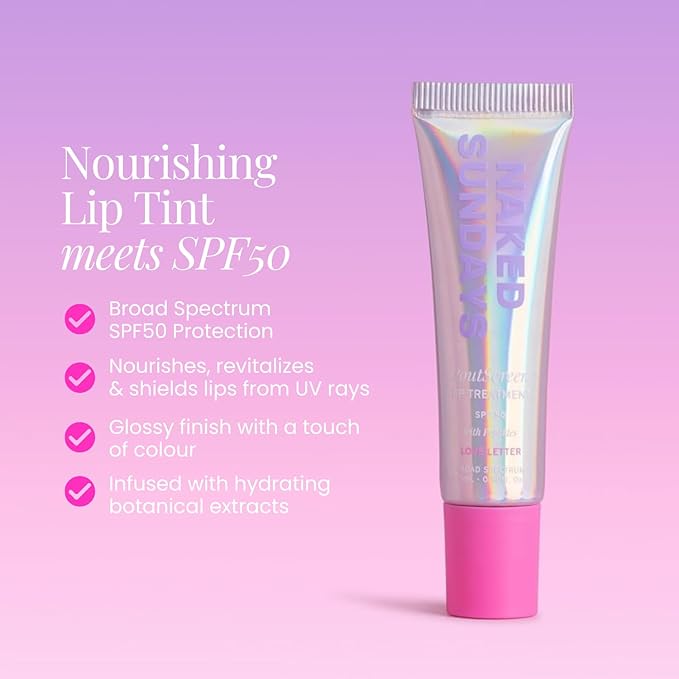 Naked Sundays Poutscreen SPF 50 Lip Treatment – Hydrating Lip Balm with Broad Spectrum, Glossy Non-Sticky Finish, Nourishing Lip Care with Peptides for Protected Lips - 15ml (Love Letter)