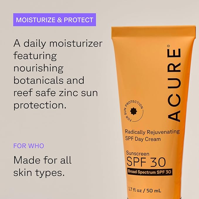 Acure Radically Rejuvenating SPF 30 Day Cream - Face Moisturizer with SPF 30 & Vitamin C, Anti Aging Sunscreen, Hydrating Face Cream, Daily Facial Care for Women & Men with Turmeric, Vegan - 1.7 fl oz