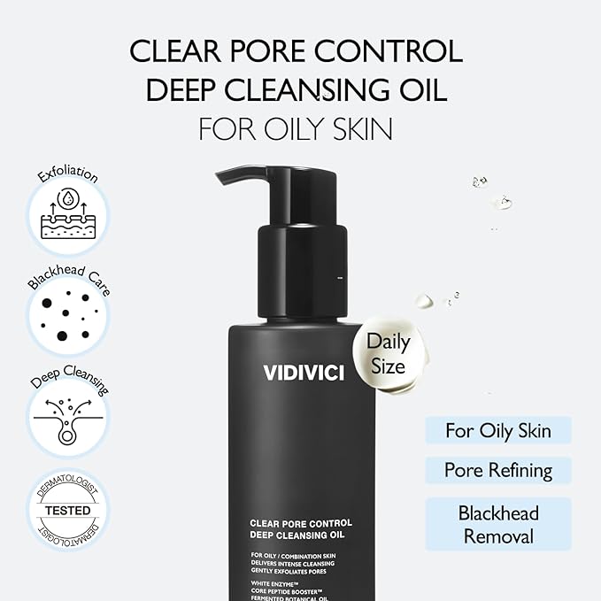 VIDIVICI Clear Pore Control Deep Cleansing Oil 7.03 fl.oz | Makeup remover with blackhead care, Korean facial cleanser for oily skin, Sebum control with Bamboo Charcoal Powder, Korean skin care