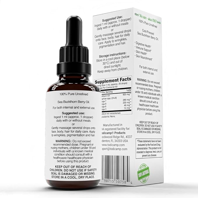 TODICAMP Sea Buckthorn Berry Oil 1 fl oz Omega 7 Vegan Omega 3 6 9 Sea Buckthorn Oil for Face, Skin, Eyes & Postemonapuse Dryness