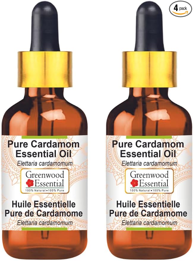 Greenwood Essential Pure Cardamom Essential Oil (Elettaria cardamomum) with Glass Dropper Steam Distilled (Pack of Two) 100ml X 2 (6.76 oz)