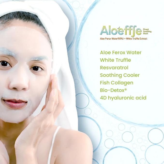 (68% EWG 1G Cape Aloe Water) Aloeffle Finest Soothing Premium Mask pack - Infused with White Truffle, Resveratrol & 4D Hyaluronic Acid - Professional Cooling Care for Stressed & Sensitive Skin