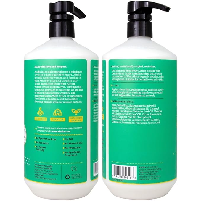 Alaffia Body Lotion 2-Pack, Everyday Shea, Eucalyptus Mint – Nourishing Moisturizer for Normal to Very Dry Skin, 32 Oz Ea