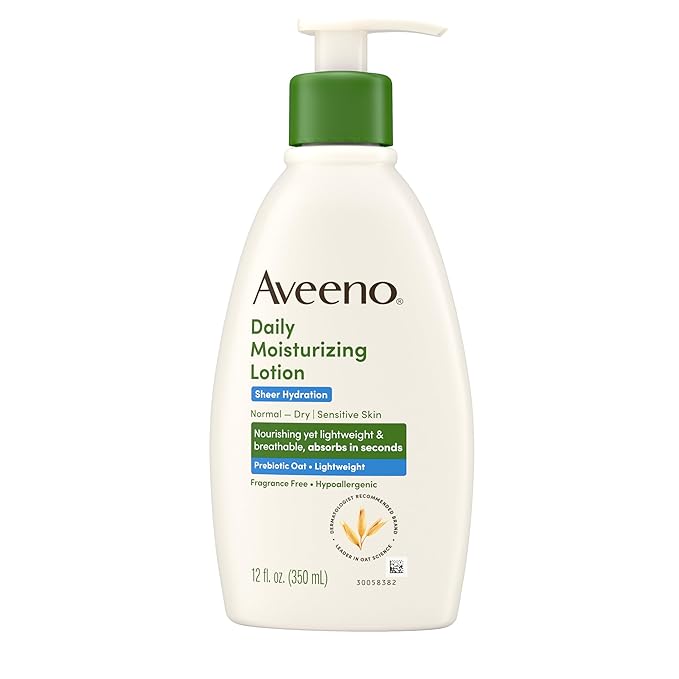 Aveeno Sheer Hydration Fragrance-Free Daily Moisturizing Lotion with Prebiotic Oat for Dry Skin, Lightweight, Fast-Absorbing Body Moisturizer Nourishes Skin with 48-hour Moisture, 12 fl. oz
