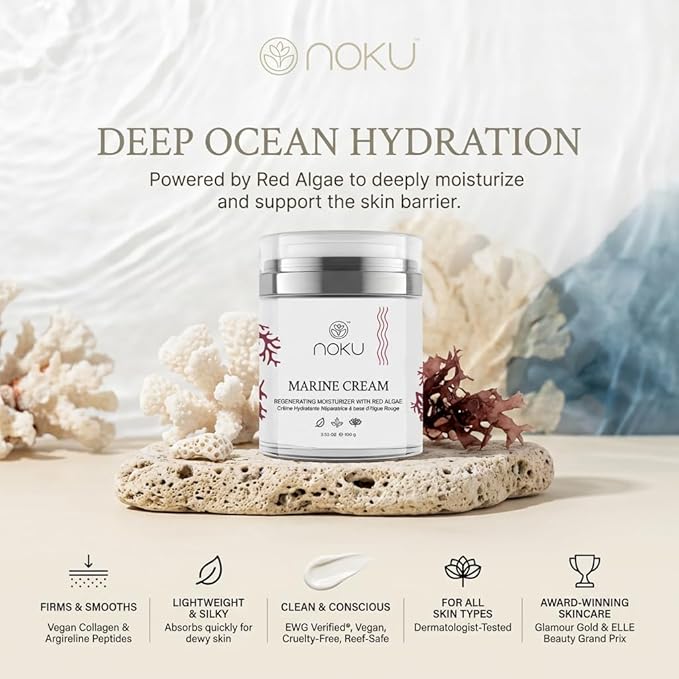 Noku Marine Cream 100ml – Ultra-Hydrating Anti-Aging Moisturizer for Men & Women | Red Algae, Vegan Collagen & Argireline Peptides | Airless Jar, Vegan, Cruelty-Free, EWG VERIFIED
