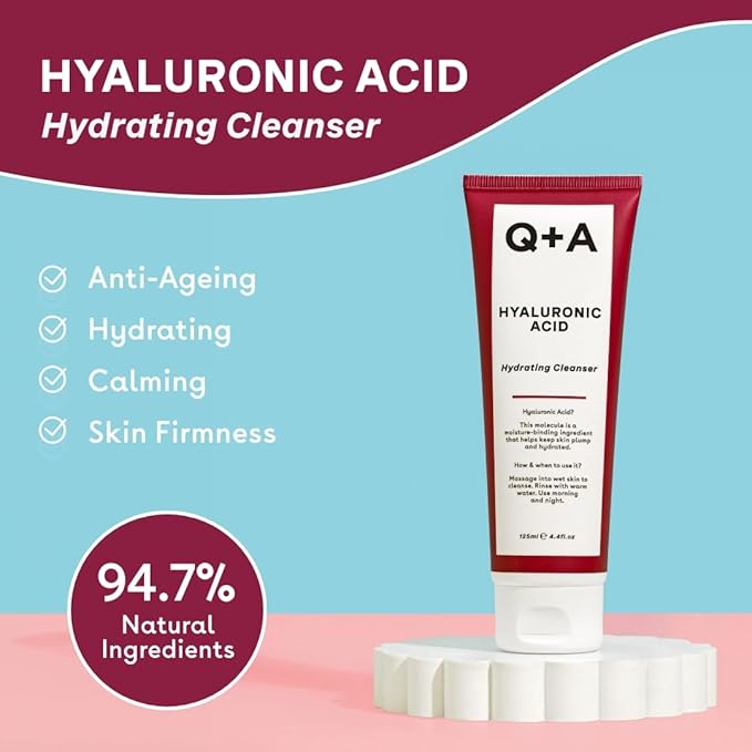 Q+A Hyaluronic Acid Hydrating Cleanser (125ml), Gentle Foaming Cleanser, Face Wash with Aloe Vera and Coco Betaine, Hydrating and Non-Drying, Fragrance Free Skincare