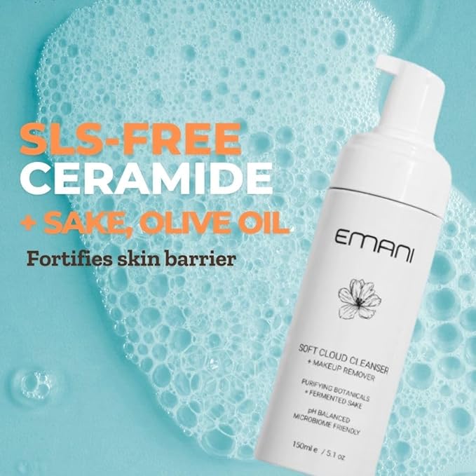 Emani Foaming Face Wash for Sensitive Skin Soft Cloud Foam Cleanser with Sake Fermentation & Botanicals - pH Balancing, SLS-Free, Vegan, Fragrance-Free Makeup & Sunscreen Remover, 150ml