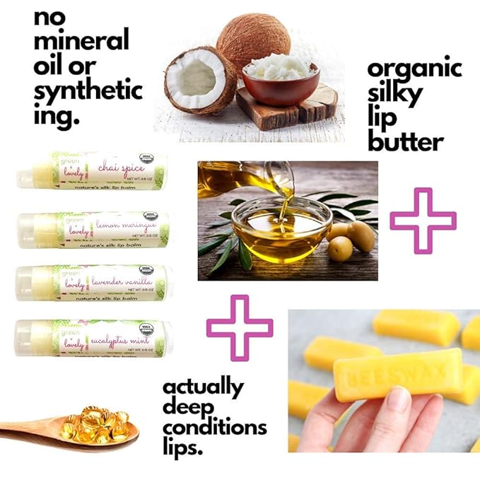 Organic Certified Lip Balm Butter(3 Pack) by Green and Lovely | Chai Spice Lip Oil for Total Hydration and Repair | 0.15 oz Lip Moisturizer Tube made with Premium Organic Ingredients | Heals Quickly