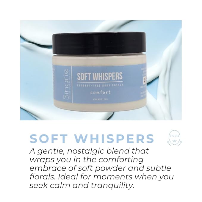Sinarie Coconut-Free Body Butter | Luxurious Hydration with Shorea Butter, Evening Primrose Oil, Argan & Moringa Oil | Non-Greasy, Natural Ingredients | For Sensitive Skin (5.3 oz., Soft Whispers)