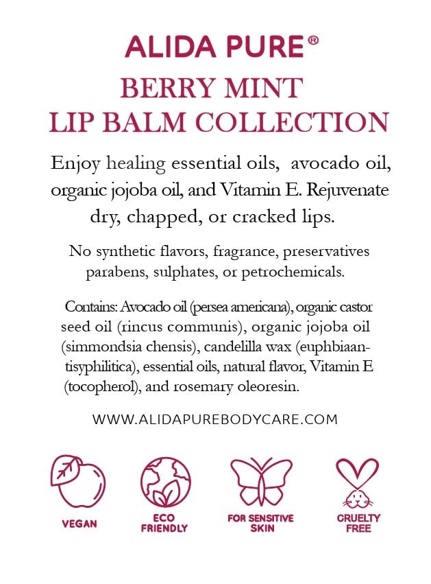 Berry Mint Lip Balm Collection, Vegan Set, Bees Wax Free, Coconut Oil Free, with Organic Jojoba and Avocado Oil, Vitamin E, Natural Moisturizer For Dry Cracked Lips, 3 Tube Set