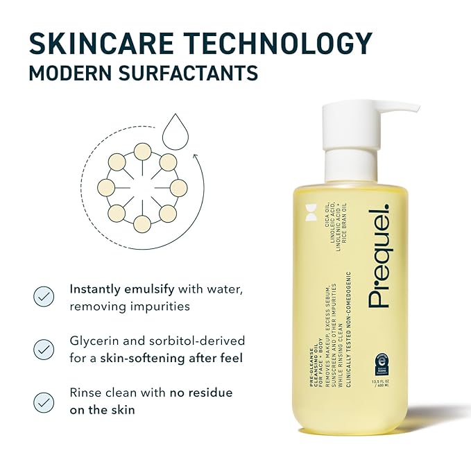 Prequel Skin Pre-Gleanse Oil Cleanser for Face. Double Cleansing Oil Skincare for Women with Cica and more. Non-Comedogenic Makeup Remover. Unscented Gentle Formula For All Skin Types. 13.5oz