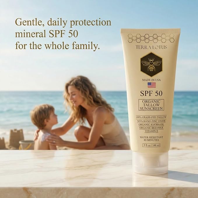 Organic Tallow Mineral Sunscreen - 50 SPF - For Face and Body - With 100% Grass-Fed Tallow and Non-Nano Zinc Oxide Reef Safe - (5 Oz)