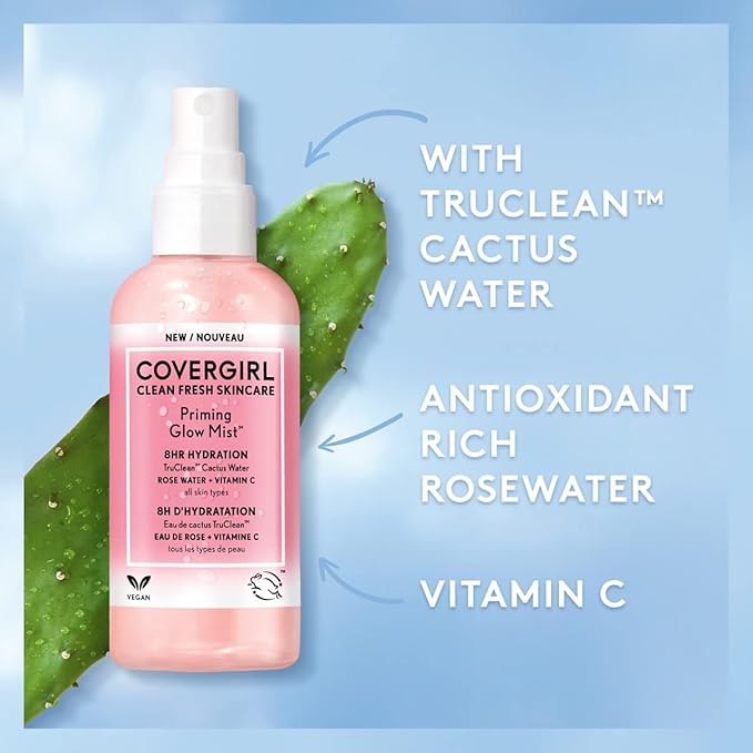 COVERGIRL Clean Fresh Skincare Priming Glow Facial Mist with Rose Water and Vitamin C, 3.3 Fl Oz