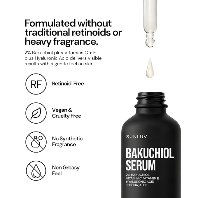 SUNLUV Bakuchiol Serum for Face - 2% Bakuchiol Retinol Alternative | Hyaluronic Acid Vitamin C + E Jojoba Oil | Plumping Hydrating Anti-Aging | Wrinkles Brightening Firming Sensitive Skin Vegan – 1 oz