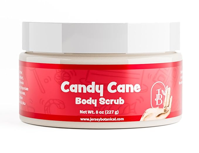 Jersey Botanical Shea Sugar Body Scrub – Exfoliating, Hydrating & Moisturizing Skin Care with Shea Butter, Smooth & Soften Skin, 8 oz (Candy Cane)