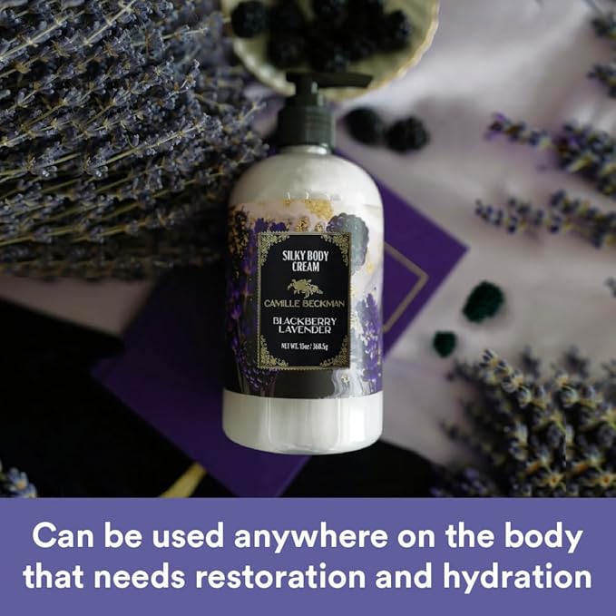 Camille Beckman Blackbery Lavender Scented Silky Body Cream, Daily Moisturizer for All Skin Types, Non-Greasy Vegan Formula to Nourish and Soften Hands and Body, 13 Ounce