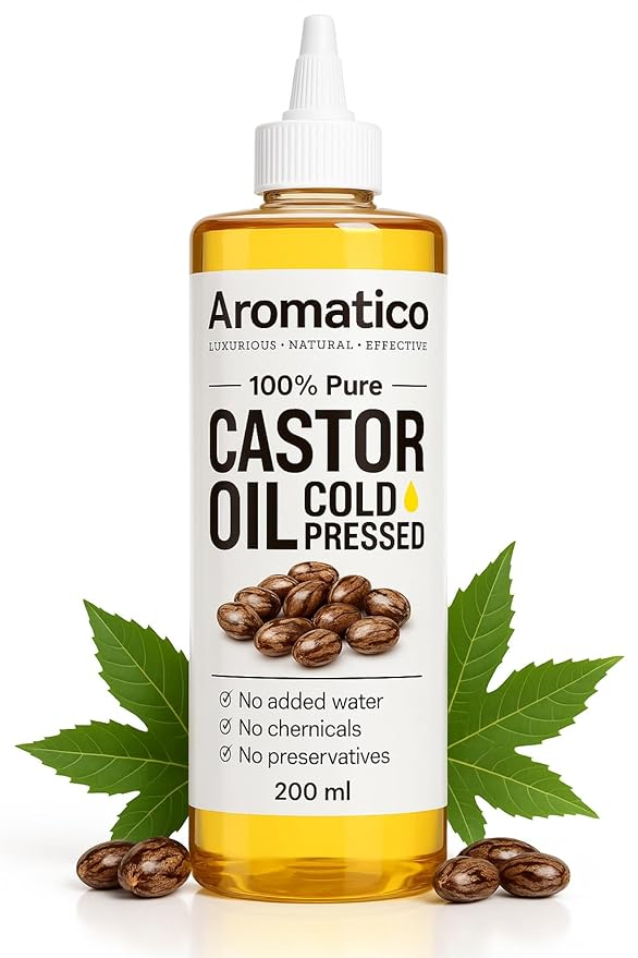 Aromatico 100% Pure Cold Pressed Castor Oil for Hair, Eyelashes & Eyebrows – Natural Carrier Oil for Scalp, Beard & Skin Care – Thick Conditioning Oil for Dry Scalp, DIY Beauty & Bulk Use – 7 fl oz