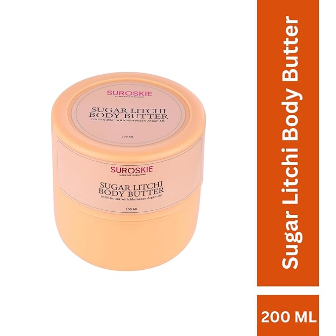 Suroskie Sugar Litchi Body Butter 200Ml | For Deep Hydration & Nourish Skin | Upto 96 Hrs | With Shea Butter, Moroccan Argan & Almond Oil | Uv Ray Protection | Dry Skin | Body Butter For Women & Men