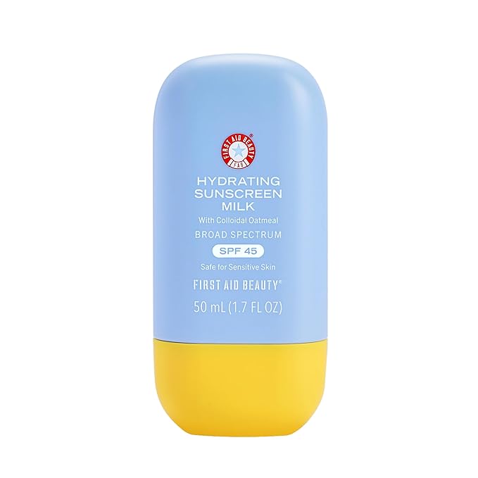First Aid Beauty - Hydrating Sunscreen Milk with Colloidal Oatmeal, Broad Spectrum SPF 45, Non-comedogenic SPF Formula Helps Nourish Skin with Organic UV Filters & Glycerin, 24-hour Hydration, 1.7 oz