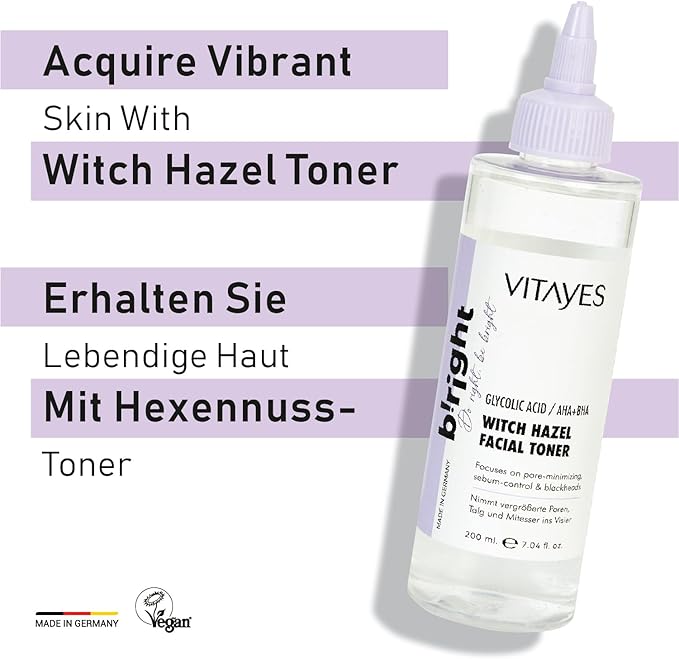 VITAYES b!Right Witch Hazel Toner for Face AHA, BHA & Glycolic Acid - Pore Reducing & Deep Cleansing - Premium Skin Care Essence for Radiant Beauty 6.76 Fl Oz (Pack of 1)