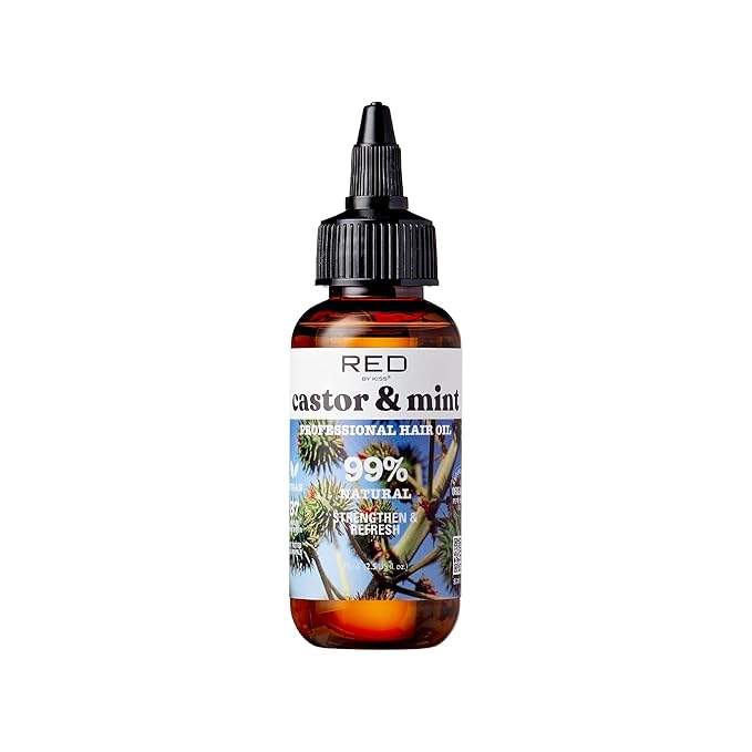 Red by Kiss Professional 99% Natural Hair Oil, Organic Vegan Oil Blend for Strengthen & Refresh Hair, Biotin Infused, Nourish Add Shine & Smooth Hair (Castor & Mint, 2.5 Fl Oz)