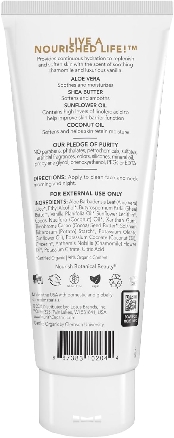 Nourish Organic Body Lotion, Almond Vanilla – Hydrating Body Lotion for Dry Skin with Aloe Vera & Shea Butter (8 Oz) + Washable Cotton Round