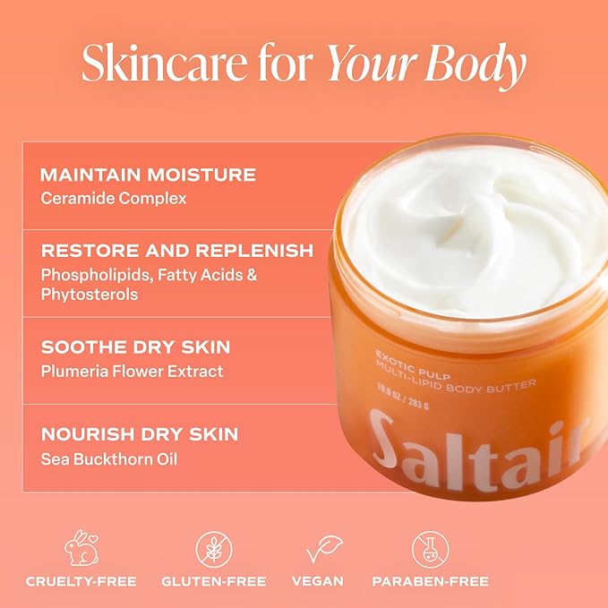 Saltair Multi-Lipid Body Butter – Hydrating 24-Hour Moisture – Body Cream for Soft Skin & Barrier Support – Ceramides, Coconut Oil & Shea Butter for Dry Skin Care – Exotic Pulp, 10oz