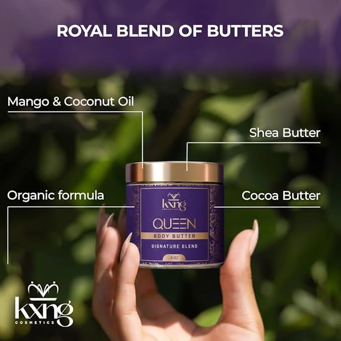 KXNG Cosmetics Organic Shea Body Butter – 4oz | Luxury Body Cream for Women with Shea, Cocoa, Mango & Coconut Oil | Deep Moisturizing Care for Hands, Feet & All Skin Types – Queen