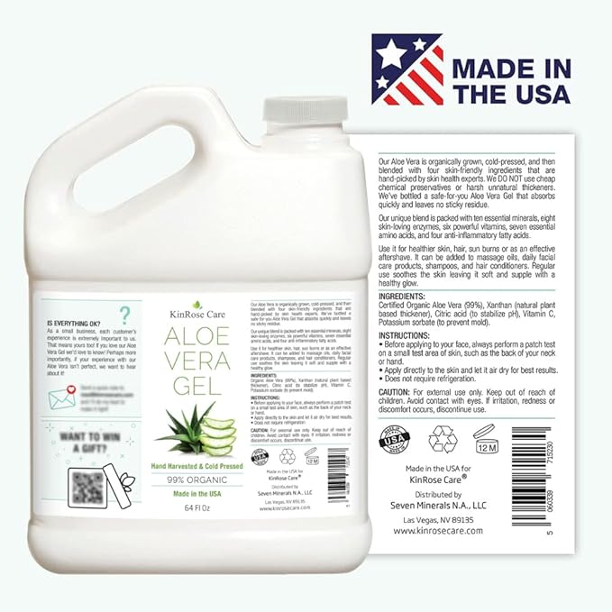 KinRose Care Organic Aloe Vera Gel Bulk - Half Gallon - for Face, Skin, Hair & Sunburn Relief From 100 Percent Pure Aloe Vera - Cold Pressed, Vegan, Unscented - Made in USA (64 Fl Oz)