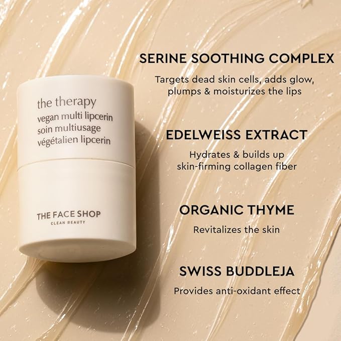 The Face Shop The Therapy Vegan Lip Butter, Moisturizing Lip Balm, Shea Butter & Sunflower Oil & Peptide, Lip Sleeping Mask for Sensitive Skin & Dry Cracked Lips, For Kids & Adults, Korean Skin Care