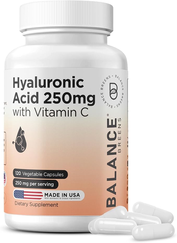 Pure Hyaluronic Acid Supplement 250mg with Vitamin C 50mg, 120 Vegan Capsules - Skin Hydration for Natural Glow, Hair, Nails, Bone & Joint Health Formula