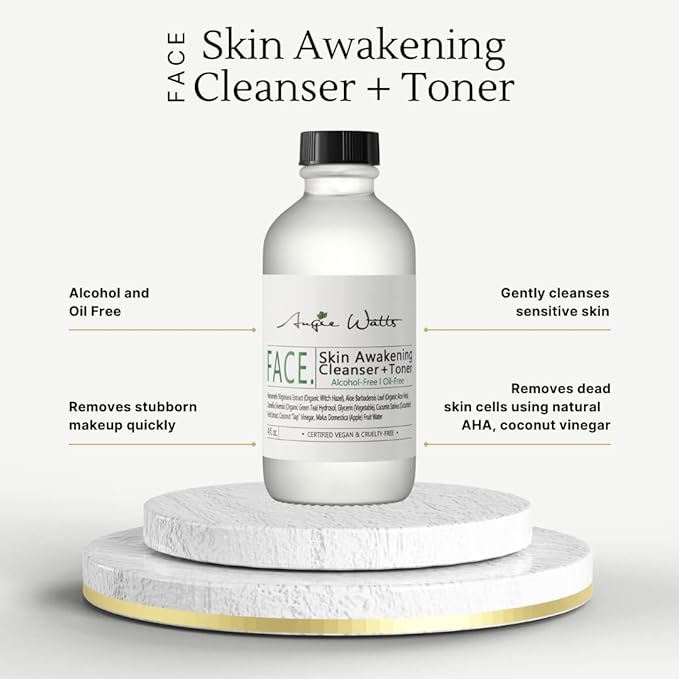 Angie Watts FACE. Skin Awakening Cleanser + Toner, 4oz - Alcohol-Free, Oil-Free Cleanser & Toner Duo | All Natural and Organic Ingredients, Vegan | Formulated with Organic Witch Hazel & Aloe