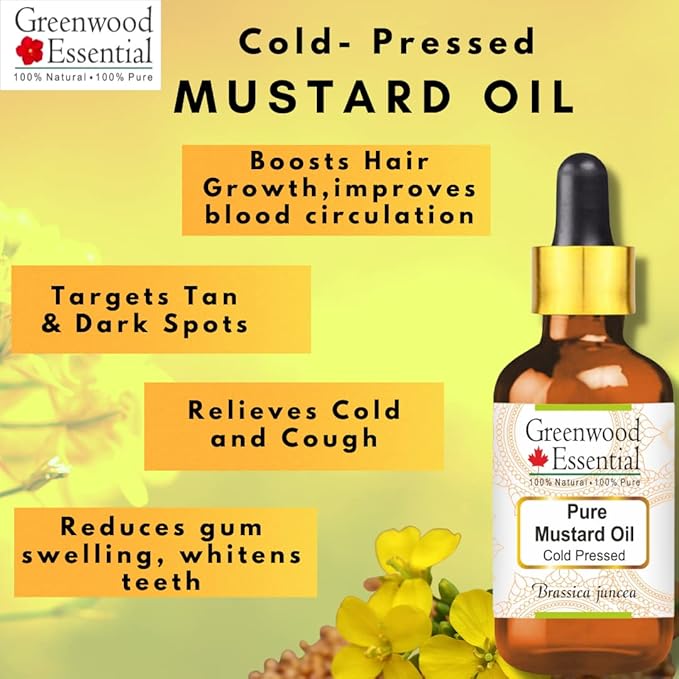 Greenwood Essential Mustard Oil (Brassica juncea) | Cold Pressed | Natural | Undiluted | for Diluting Essential Oils | for Skin & Massage | Men & Women | 200ml (6.76 oz)