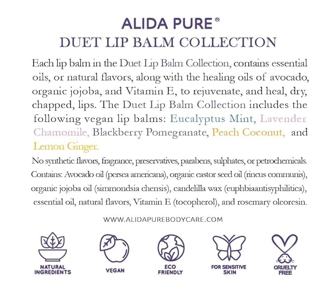 Duet Lip Balm Collection, Vegan Set, Beeswax Free, with Organic Jojoba, and Avocado Oil, Vitamin E, Natural Moisturizer for Dry, Chapped Lips, 5 Tube Set