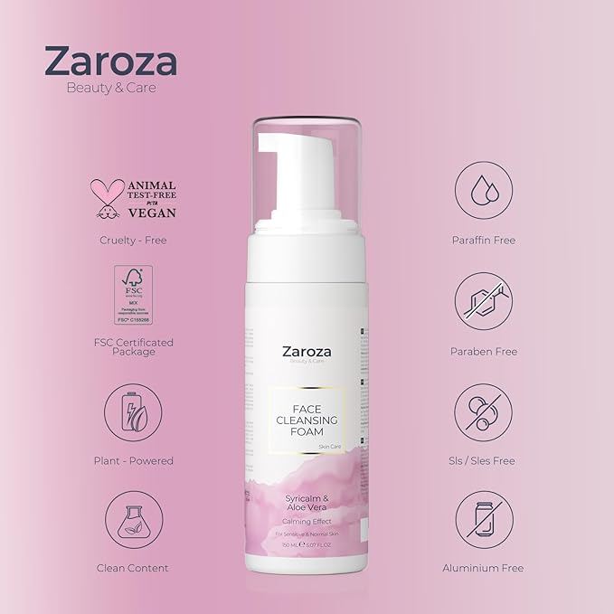 Zaroza Face Cleansing Foam – Gentle Daily Cleanser with Niacinamide, Hyaluronic Acid & Aloe Vera – Soothing, Hydrating Face Wash for Sensitive & Normal Skin – Vegan – 5 fl oz