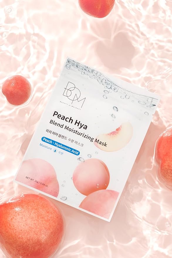 BOM Peach Hya Blend Moisturizing Mask 10ea, Korean Eumseong Peach Extract Face Mask, 5 types of Hyaluronic Acid and Cica, Non Drying Moisturizing Essence, Jelly Sheet, Vegan, Korean Skincare