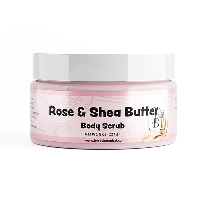 Jersey Botanical Shea Sugar Body Scrub – Exfoliating, Hydrating & Moisturizing Skin Care with Shea Butter, Smooth & Soften Skin, 8 oz (Rose & Shea)