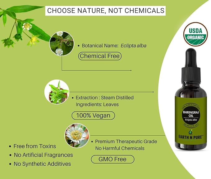 Earth N Pure Bhringraj Oil Cold Pressed, Natural & Therapeutic Grade for Hair Growth with Glass Dropper – 50 ml
