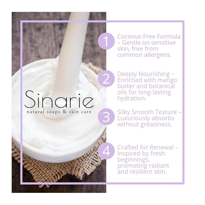 Sinarie Coconut-Free Body Butter – Ultra-Nourishing Moisturizer with Mango Butter, Avocado Oil & Jojoba Oil – Hydrating & Non-Greasy Lotion for Sensitive Skin (4 oz., Haven)