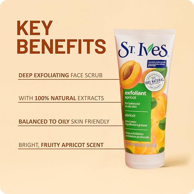 St. Ives Apricot Facial Scrub, Fresh Skin – Face Exfoliant for Balanced to Oily Skin, 6 Oz Ea