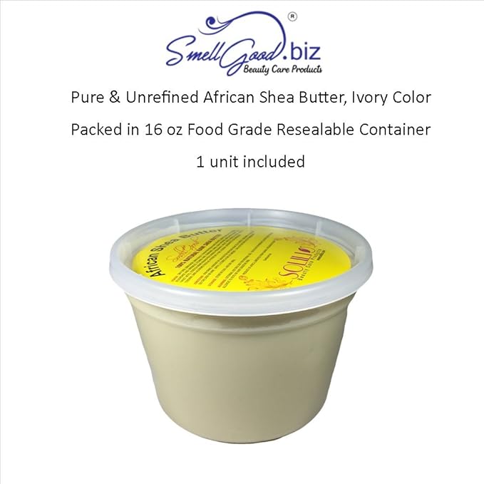 SmellGood - Pure Unrefined African Shea Butter, natural and handmade, ivory color, packed in 16 oz food grade resealable container, 1 Unit