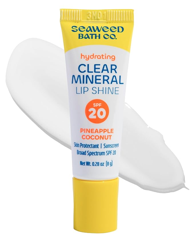Seaweed Bath Co. Hydrating Clear Mineral Lip Shine - SPF 20 Sunscreen Zinc Oxide Lip Balm - Nourishing Care to Hydrate & Protect Dry, Chapped Lips - Natural Pineapple Coconut Flavor- 0.28 oz