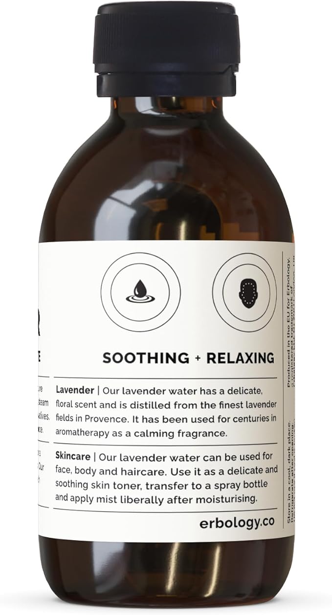 Erbology Organic Lavender Water 3.4 fl oz - Premium Food Grade Hydrolate of Lavender - Soothing and Relaxing - Non-GMO - Recyclable Glass Bottle