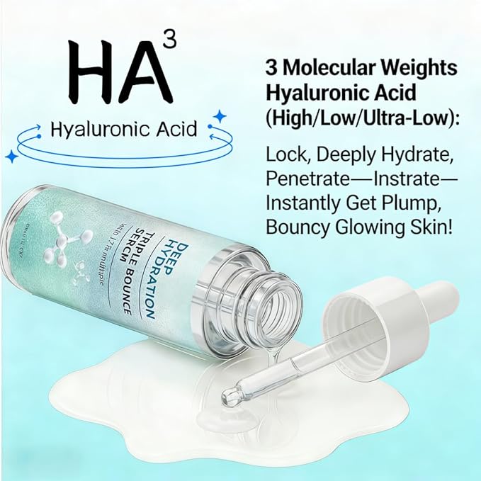 Triple Bounce Hyaluronic Acid Serum 1.7% Multi-Molecular Weight, Lightweight Daily Face Serum for Deep Hydration Plumping Bouncy Skin, Vegan Cruelty-Free Moisturizing Facial Serum 30ml/1 Fl Oz